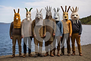 Group of people with masks in a row standing in a field.