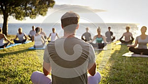 Group of people meditating on grass in park