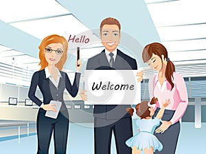 A group of people meet someone in the airport hall, welcome, hello.