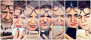 Group of people men and women with glasses having trouble seeing cell phone