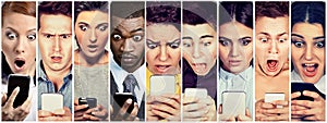 Group of people men and women looking shocked at mobile phone