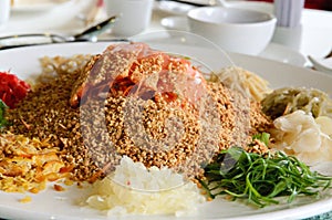 A group of people mixing and tossing Yee Sang dish with chop sticks.