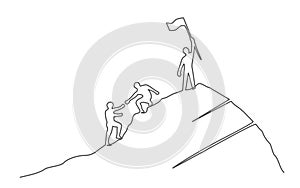 Group of people on the mountaintop One line drawing Business, teamwork, success, help and goal concept