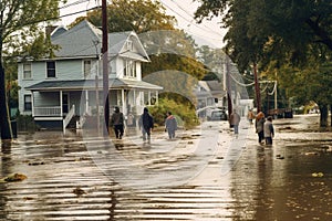 Group of People Navigate Flooded Street Near Architectural Building