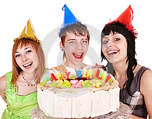 Group people in party hat with happy birthday cake