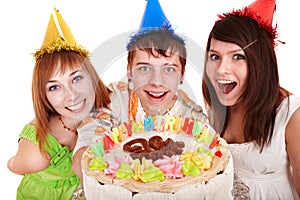 Group people in party hat with happy cake.