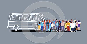 Group of people passengers waiting for tour bus tourists men women crowd at city public transport station sketch doodle