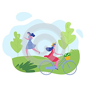 Group of people performing sports activities, leisure at park jogging, riding bicycles. Characters woman doing outdoor workout