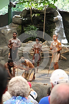 Group of people performing in the Tjapukai Aboriginal Cultural Park in Cairns, Australia