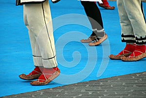 Group of people performing a traditional Balkan folk dance in a lively street festival