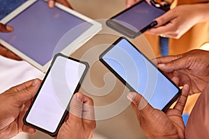 Group of people with phone screen or mockup space for digital planning, mobile app and multimedia networking. Hands with