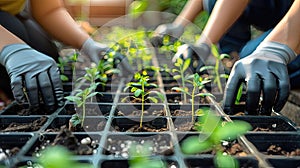 A group of people are planting seedlings in a garden