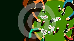 Group of people play poker at a round table in a dark room. Concept of casino and card games.