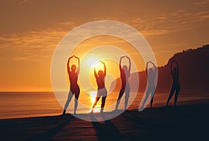 group of people practicing yoga and meditation at sunset on sunny beach, silhouette of women, generative AI