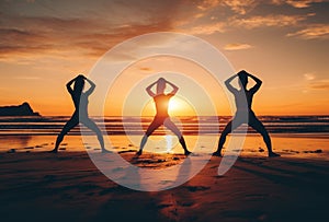 group of people practicing yoga and meditation at sunset on sunny beach, silhouette of women, generative AI