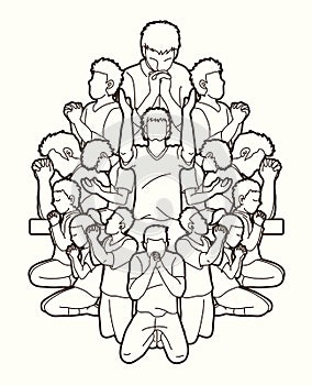 Group of people pray to God , Prayer, Praise to the Lord , Double exposure cartoon