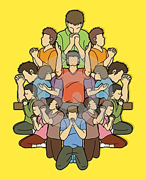 Group of people pray to God , Prayer, Praise to the Lord , Double exposure cartoon graphic