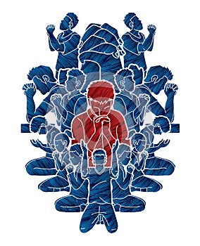 Group of people pray to God , Prayer, Praise to the Lord , Double exposure cartoon graphic