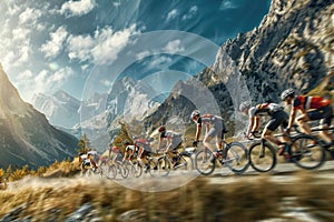 A group of people, professional cyclists, riding bikes swiftly down a road during a cycling race. They are focused and