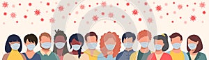 Group of people in protective masks and flying coronavirus in flat style. Men and women wearing medical masks to prevent