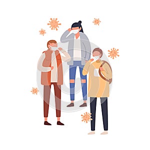 Group of people in protective masks vector flat illustration. Man and woman wearing protection from viral infection and