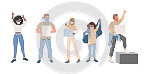 Group of people protesting vector flat illustration. Young men and women holding empty placards and protesting.