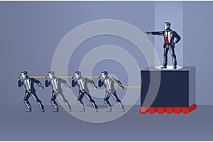 Group of People Pulls Rope to Move Cruel Boss Blue Collar Illustration