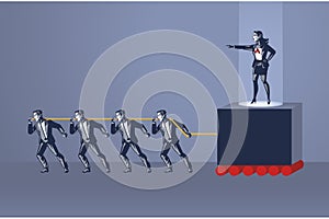 Group of People Pulls Rope to Move Cruel Female Boss Blue Collar Illustration