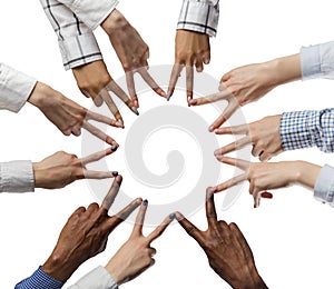 Group of people putting fingers together in shape of big star. Unity concept