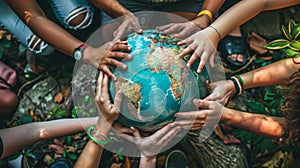 Group of People Putting Hands Together Around Globe