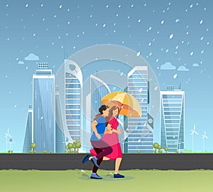 Group people in rain. The couple together man and woman with umbrella running in autumn rainy weather rushing home through the