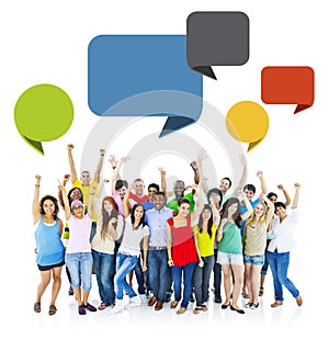 Group of People Raising Hands with Speech Bubbles