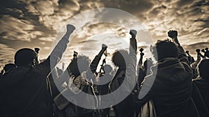 Group of people raising their hands in the air, grasping hand.