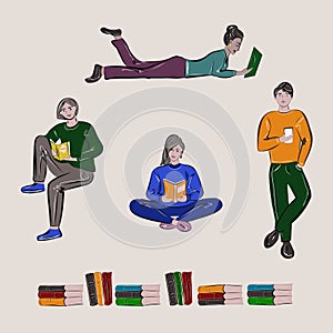 A group of people reading books, text from your tablet and phone. Education, students, rest. Scalable vector isolated image.