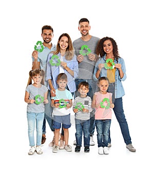 Group of people with recycling symbols on background