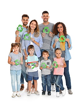 Group of people with recycling symbols on background