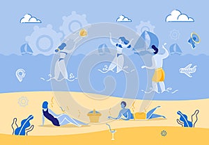 Group People Relaxing on Beach on Hot Summer Day