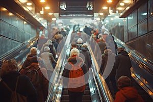 Group of people riding an escalator in a bustling subway station, AI-generated.