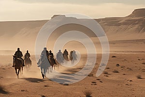 A group of people riding horses across the desert. The horses should be galloping and kicking up dust behind them. Generative AI