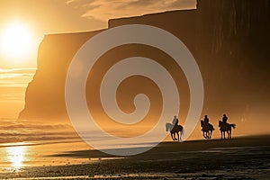 Group of people riding horses in beautiful Irish landscape on dramatic sunset. Tourists admiring scenic view while on horseback