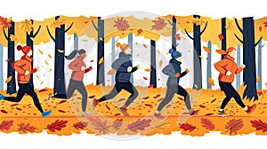A group of people running in a forest with leaves on the ground