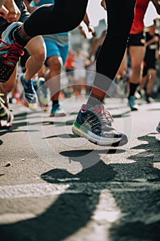 A group of people running in a marathon. AI generative image.