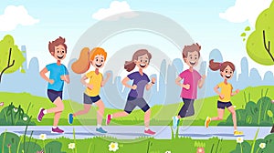 A group of people are running in a park