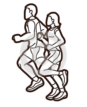 Group of People Running Together Runner Marathon Male and Female Run Action Cartoon Sport Graphic Vector