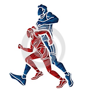Group of People Running Together Runner Marathon Male and Female Run Action Cartoon Sport Graphic Vector