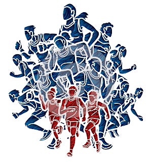 Group of People Running Together Runner Marathon Male and Female Run Action Cartoon Sport Graphic Vector