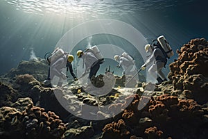 A group of people in scuba suits exploring the underwater world while diving in the ocean, Team of marine scientists conducting a