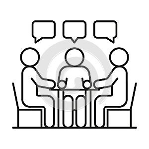 Group people seat at table, conversation, discussion, meeting icon line. Man communication on work in team, equality
