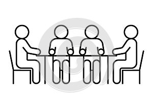 Group people seat at table, conversation, discussion, meeting icon line. Man communication on work in team, equality