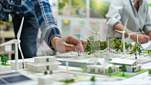 Group sharing fun engineering ideas at table with wind turbine models